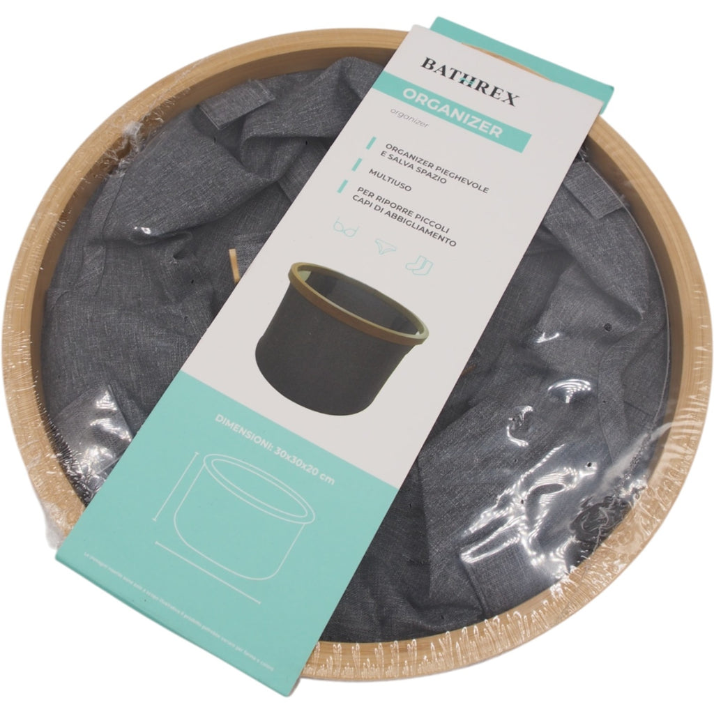 Apvalus sulankstomas daiktų krepšys BATHREX su bambuko rėmu, 30x30x20 cm