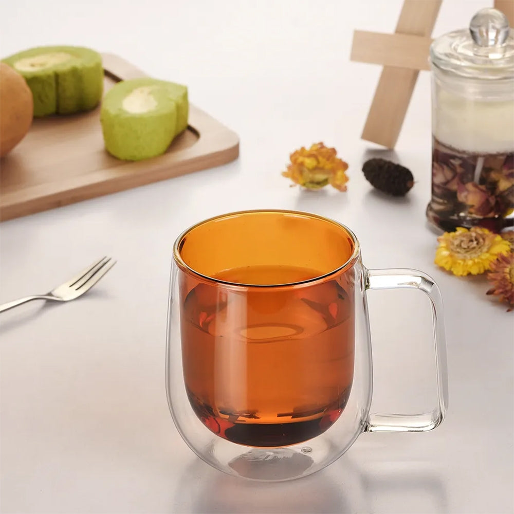 Dviejų sienelių stiklinis puodelis su rankenėle, 450 ml