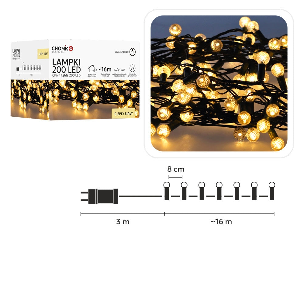 LED girlianda „Cherry Ball“ 200 LED, šiltai balta, 16 m