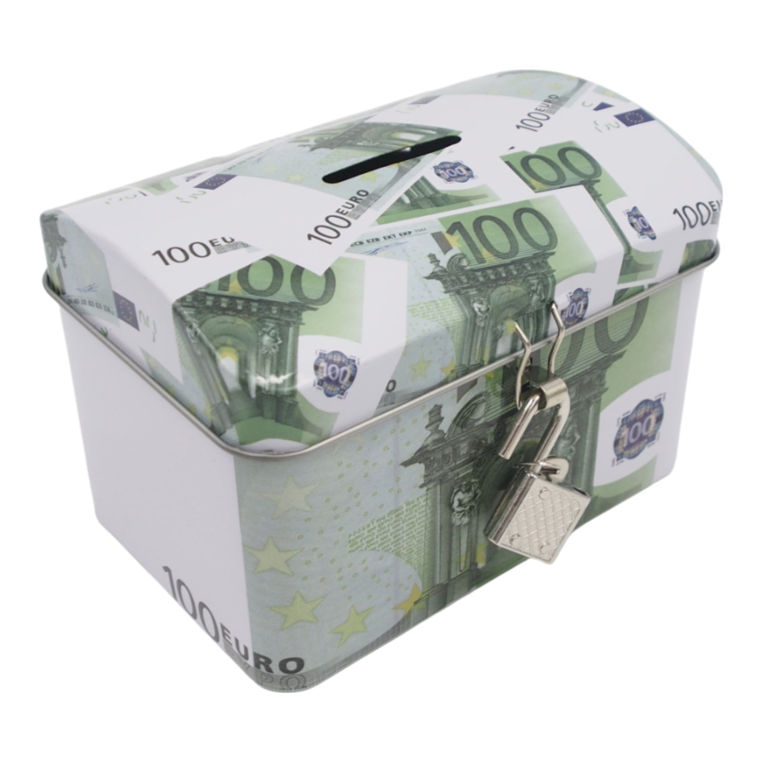 Metalinis taupyklės seifas su spynelė ir euro banknotų dizainu