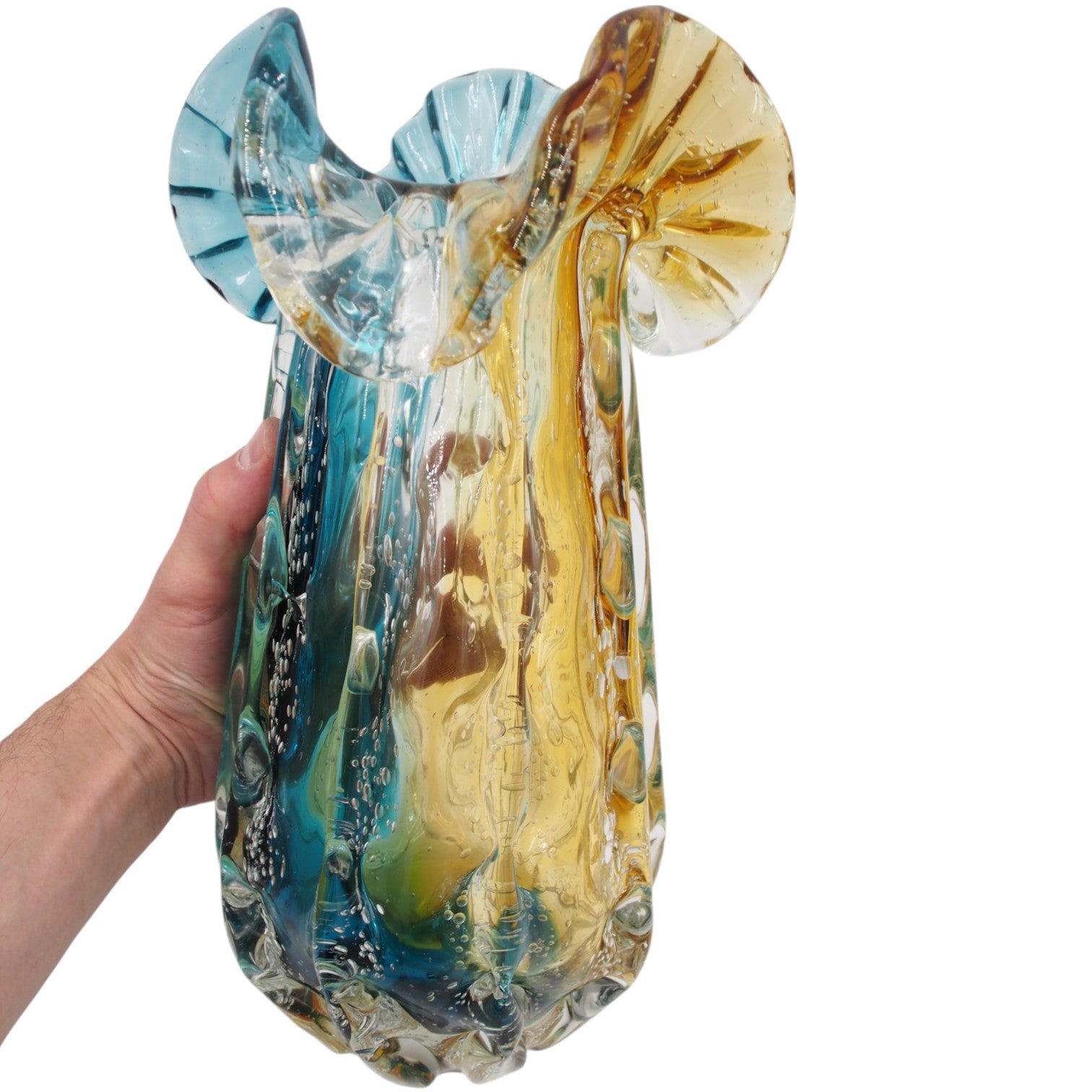 Spalvota rankų darbo stiklo vaza, 24×27 cm