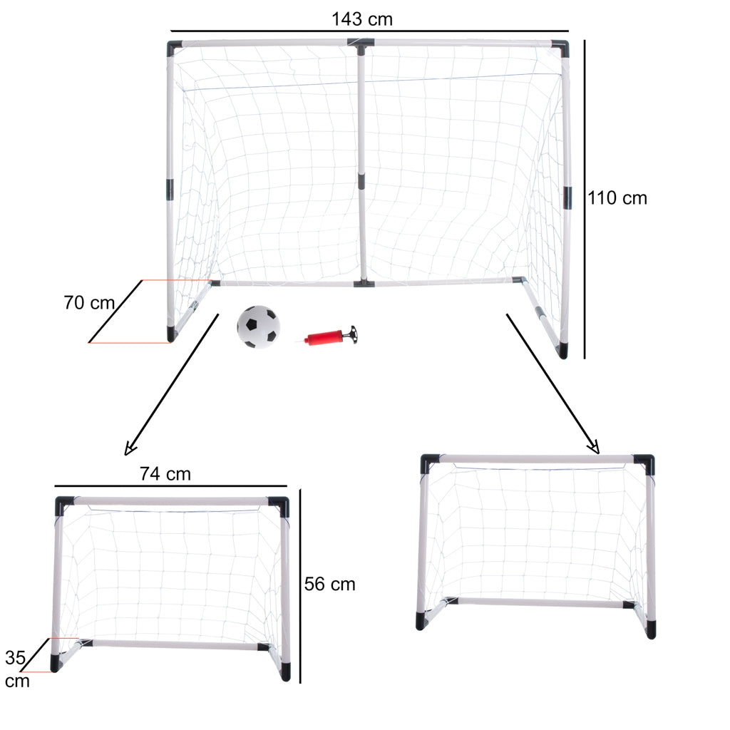 Vaikiški futbolo vartai 2in1 – dideli arba du mažesni (143 × 110 × 70 cm)